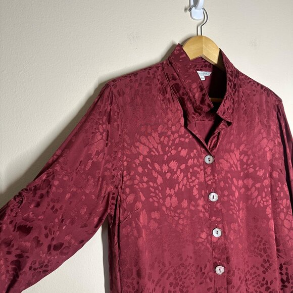 John Mark Leopard Jacquard Long Sleeve Tunic Womens Size L Boho Satin Shirt Red - Picture 4 of 9